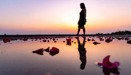 Woman silhouette captured as a reflection in a shallow puddle scattered with petals sky gradient above creating a dreamy clean scene with open copy spaceの素材