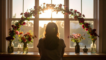 Woman silhouette seated at a window a row of bud vases on the sill forming a floral arc natural morning backlight airy minimal scene with ample copy spaceの素材