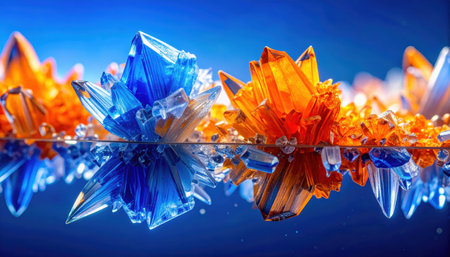 Macro of thin film hippuric acid with wedge crystals and tiny fluid inclusion trails shifting from cobalt to tangerine on a glass clear backgroundの素材