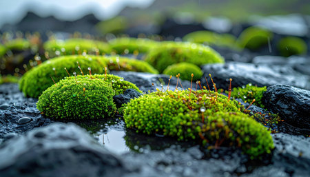 Macro of moss cushions colonizing porous basalt with rain wet sheen polarized reflections and high micro contrast for rugged natural texture backgroundsの素材