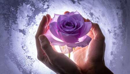 Adult hands holding a lavender rose at a frosted window with luminous backlight translucent petals and soft haze elegant minimal scene with generous copy space for beauty or lifestyle.の素材