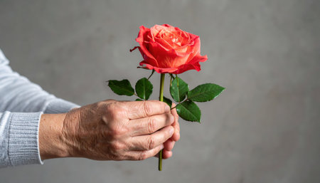 Hands offering a freshly cut garden rose with short stem and leaves against a smooth plaster background calm mid key light refined gesture with clean copy space for editorial use.の素材