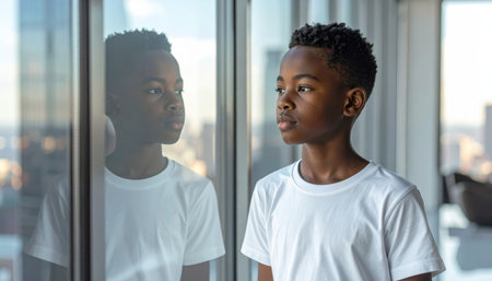 Fictional tween boy in a simple white tee at an office lounge window reflection doubling the skyline clean minimal interiorの素材