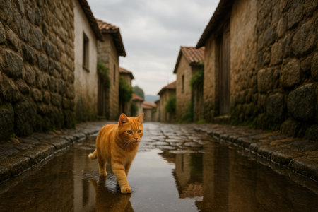 Ginger cat stepping through a narrow village alley just after rain wet cobblestones with soft reflections candid street pet sceneの素材