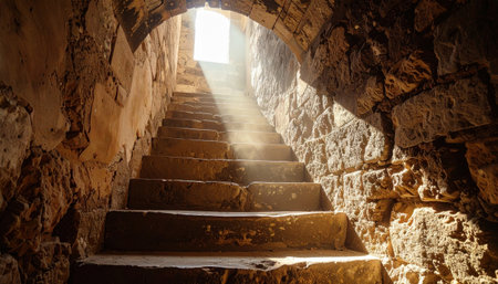 Narrow stone stairwell winding upward inside an old tower skylight shaft illuminating dust motes worn steps and deep shadows dramatic architectureの素材