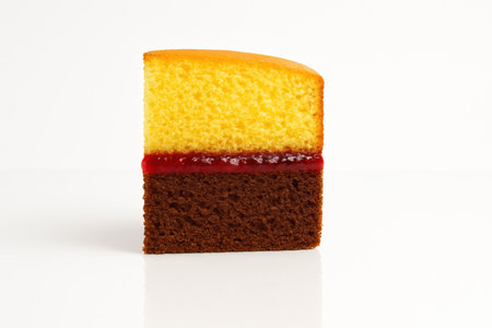 Side view close up slice from a two layer yellow and brown sponge cake showing strawberry jam seam on glossy white acrylic dessert detailの素材