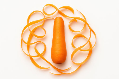 Overhead peeled carrot with five round slices fanned neatly beside the root on pure white fresh vegetable layout for cooking and nutritionの素材