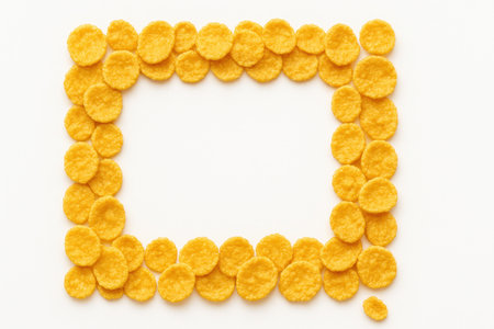 Top down golden cornflakes arranged in a tidy rectangular frame with a few flakes offset for a natural look clean breakfast backgroundの素材