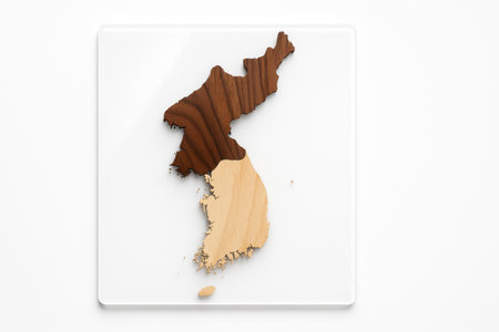 Top down two tone wood veneer inlay of the Korean Peninsula mounted on glossy white acrylic clean modern cartography inspired designの素材