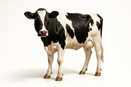 Black and white Holstein cow three quarter stance looking back over shoulder toward camera on white clean studio livestock imageの素材