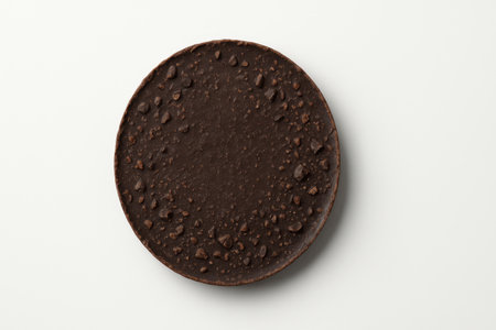 Handmade organic dark chocolate round disc with irregular edge and visible cacao nibs isolated on pure white artisan confectionの素材