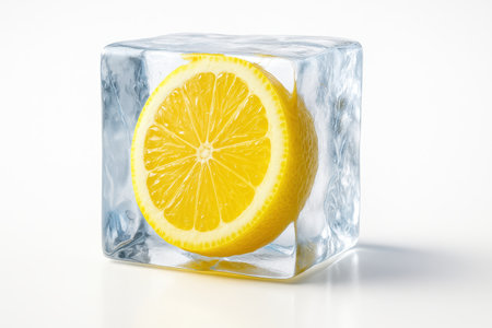 Studio lemon slice frozen inside a clear ice cube on white background for freshness beverage garnish and food concept photographyの素材