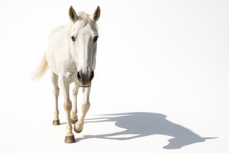 Low angle view white horse walking forward toward the lens relaxed ears and tail elegant studio cutout on pure white animal portraitの素材