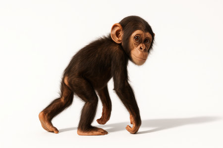 Photorealistic infant chimpanzee three quarter standing mid step looking back over shoulder isolated on white clean studio wildlife imageの素材