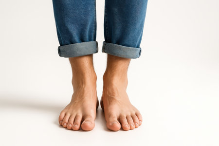 Low angle floor view male legs in rolled cuff denim with bare feet upright stance feet together clean studio white background fashion detailの素材