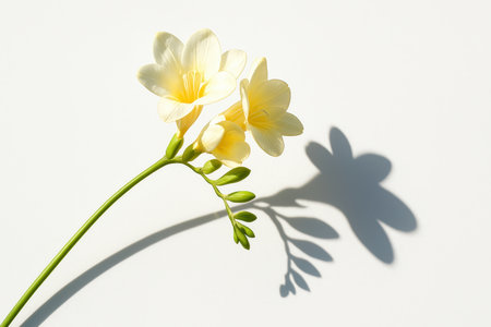 Single arching freesia stem with upward facing blossoms and trailing buds isolated on white elegant floral study for design and decorの素材