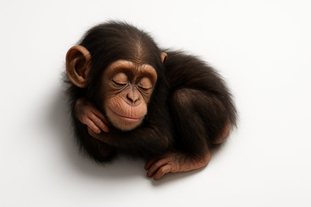 Photorealistic baby chimpanzee curled in a resting pose hands under cheek gentle expression isolated on pure white studio portraitの素材
