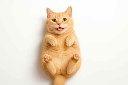 Top down blond cat lying belly up with all four paws curled and ears forward playful happy expression on white cute pet portraitの素材
