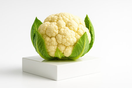 Whole cauliflower with fresh green leaves resting on a glossy white acrylic block isolated on white clean produce visual for food and packagingの素材