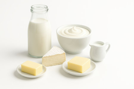 Assorted fresh dairy products three quarter angle arranged in a clean cluster on pure white milk butter cheese yogurt food layoutの素材