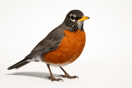 American robin full body three quarter stance head turned to camera on whiteの素材
