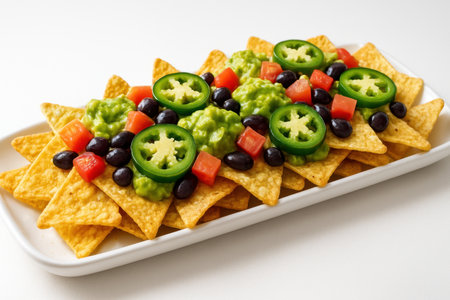 Nachos with beans guacamole tomato and jalapeno on a long white platterの素材