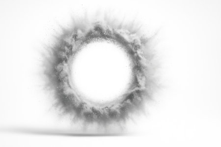 Abstract gray and white powder halo explosion with open center on whiteの素材