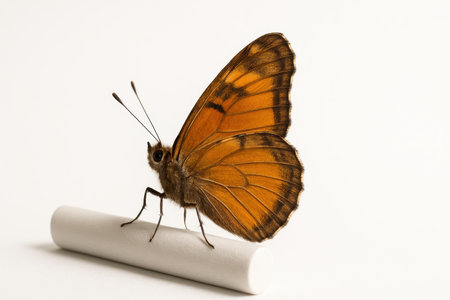 Beautiful butterfly side profile perched on a slim matte white perchの素材
