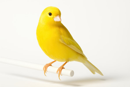 Canary perched on slim matte white perch isolated on whiteの素材