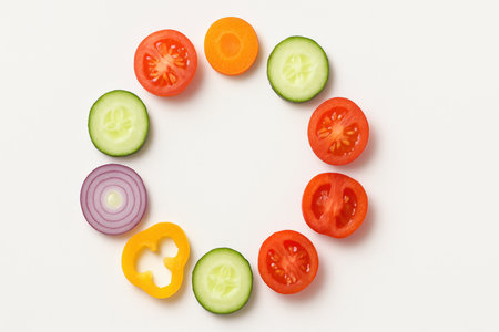 Cross section vegetable slices suspended as a circular ring with open centerの素材