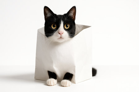 Black and white cat peeking from plain white paper bag with ears and paws visibleの素材