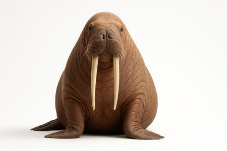 Large walrus seated front facing with long tusks isolated on whiteの素材
