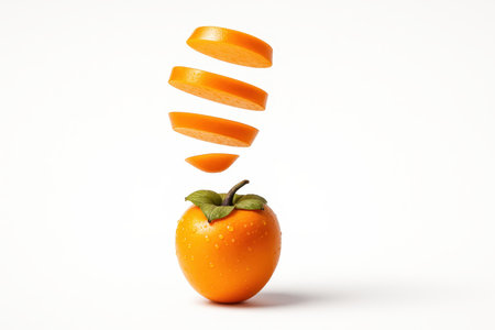 Levitating persimmon with thin slices forming a loose vertical spiral on pure whiteの素材