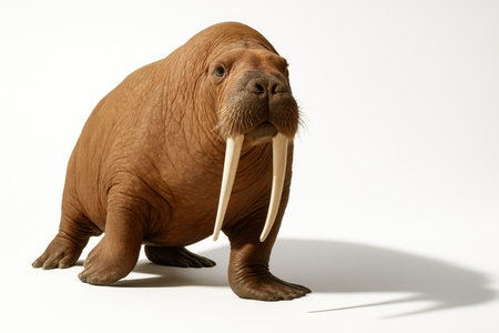 Large walrus three quarter stance walking toward camera with long tusks on whiteの素材