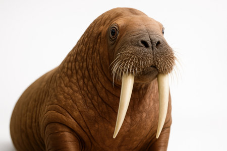 Large walrus head and chest close view with long tusks and damp whiskers on whiteの素材