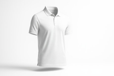 Mens white polo shirt on invisible mannequin three quarter front view isolated on pure whiteの素材