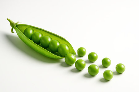 Open green pea pod spilling peas in a gentle arc on whiteの素材