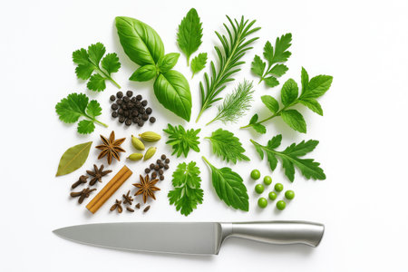 Top down radial wheel of fresh herbs and whole spices with unbranded stainless chef knife along the bottom edgeの素材