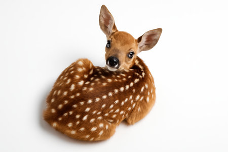 Spotted fawn curled resting top down looking up on whiteの素材