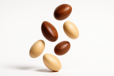 Polished Eusideroxylon zwageri seeds cascading in a staggered levitation path on whiteの素材