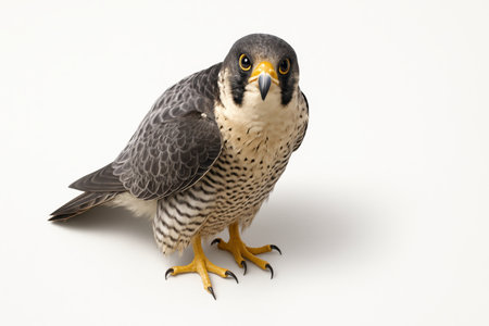 Top down dorsal view of falcon standing with tail slightly fanned and head turned to camera on whiteの素材
