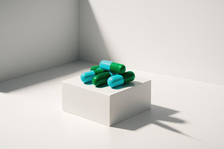 Blue and green medicine capsules on polished white acrylic block near wall cornerの素材