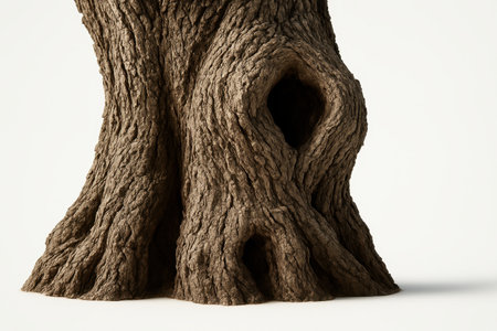 Ancient olive tree trunk close view with fissured gnarled bark and hollow knot on whiteの素材
