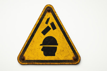 Distressed yellow metal hazard sign for falling objects with scratched paintの素材