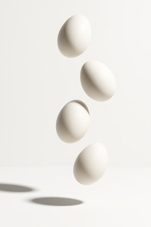White eggs in staggered mid air levitation forming a subtle vertical arcの素材