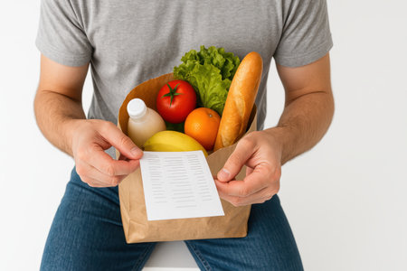 Young man in casual clothes holding grocery receipt above open craft paper bag with generic food products visibleの素材