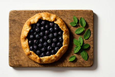 Reclaimed wood board with blueberry galette centered and mint leaves scattered on whiteの素材