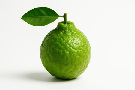 Whole bergamot fruit with glossy leaf attached at the stem on pure whiteの素材