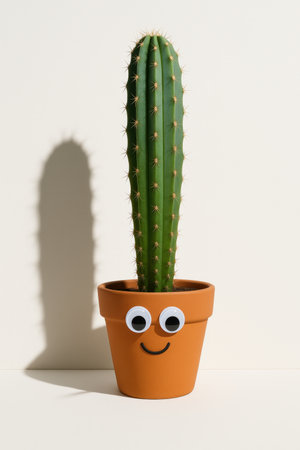 Tall columnar cactus in a smooth terracotta pot with funny eyes on the pot creating a playful face studio object isolated on whiteの素材