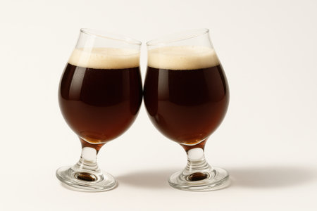 Close view two stout snifters gently tapping with a minimal ripple in the foam beer toast studio drink isolated on pure white backgroundの素材